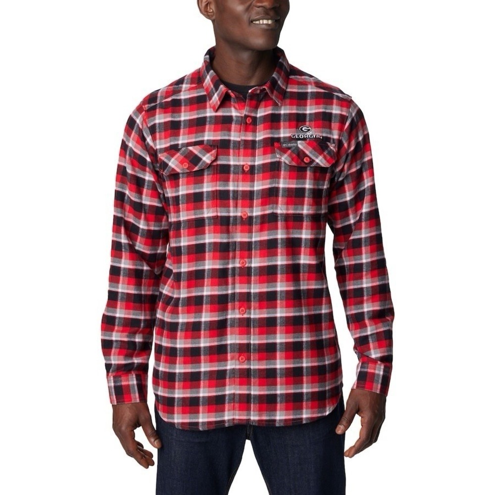 COLUMBIA Georgia Bulldogs Flare Gun Flannel Shirt Red Black Men's Sz L *NEW* $65